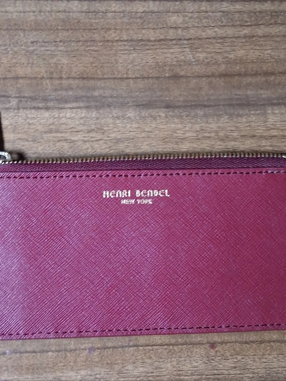 Henri Bendel New York Burgundy Saffiano Leather Zippered Card Case & ID Wallet